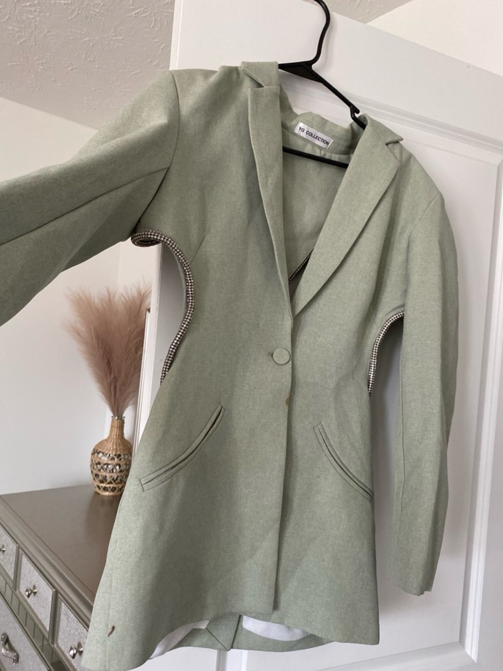 NY Collection Sage Green Blazer with Jeweled Cutouts